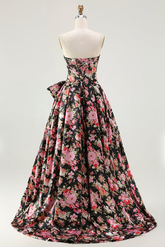 Black and Pink Floral Strapless Corset Long Prom Dress with Bow