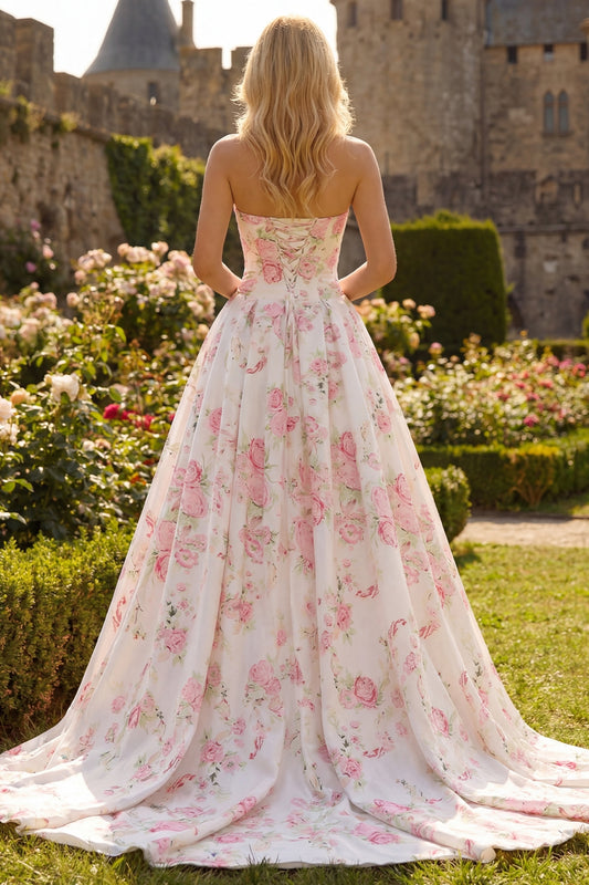 Floral White and Pink A Line Long Corset Prom Dress with Bow