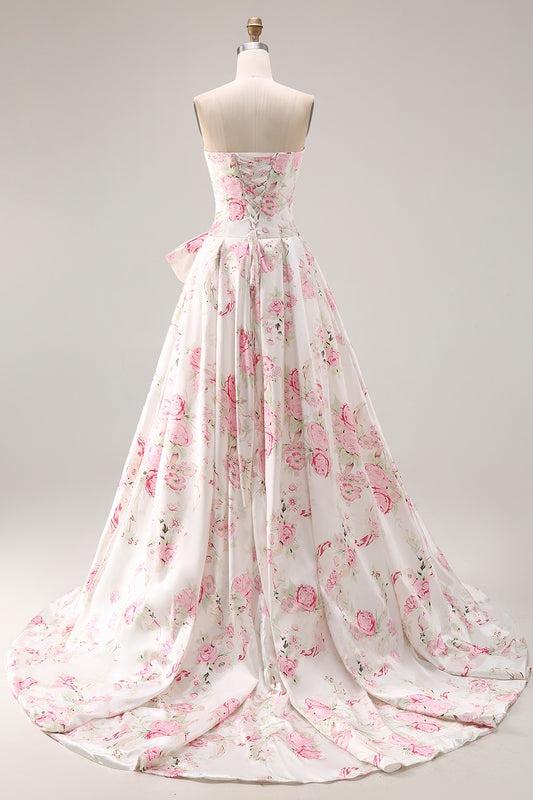 Floral White and Pink A Line Long Corset Prom Dress with Bow