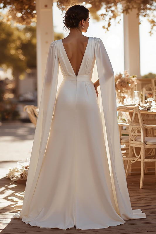 White Deep V-Neck Sweep Train Bridal Jumpsuits with Cape