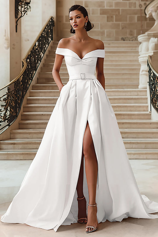 White Off the Shoulder A Line Sweep Train Wedding Dress with Slit