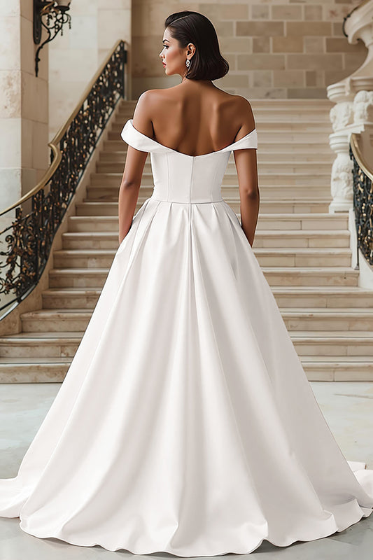 White Off the Shoulder A Line Sweep Train Wedding Dress with Slit