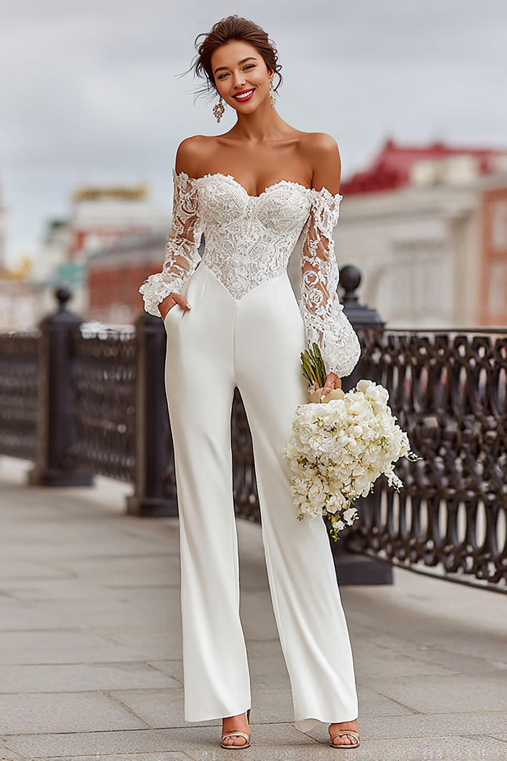 Zapaka Women White Lace Bridal Jumpsuits with Pockets Off the Shoulder Long Sleeve Wedding Jumpsuits, White / US14
