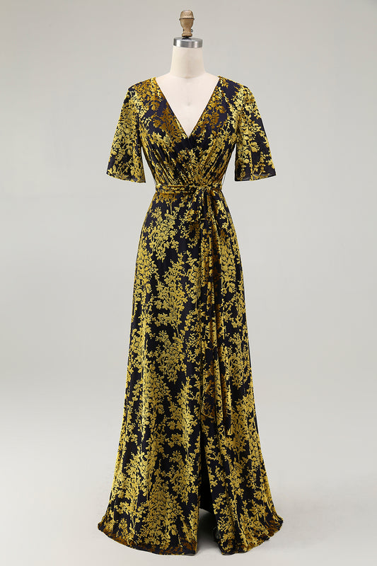 Golden Purple Velvet Burnout V-Neck A-Line Long Wedding Guest Dress