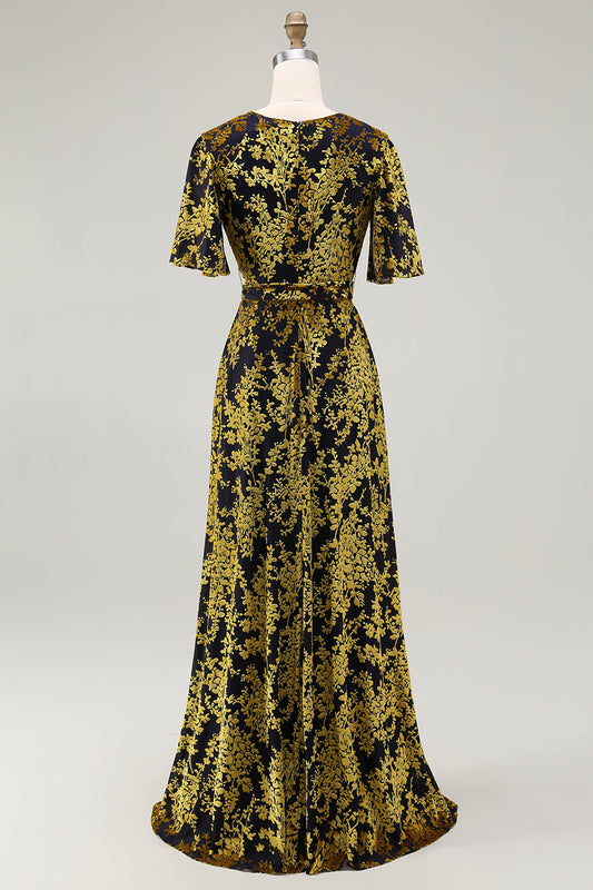 Golden Purple Velvet Burnout V-Neck A-Line Long Wedding Guest Dress