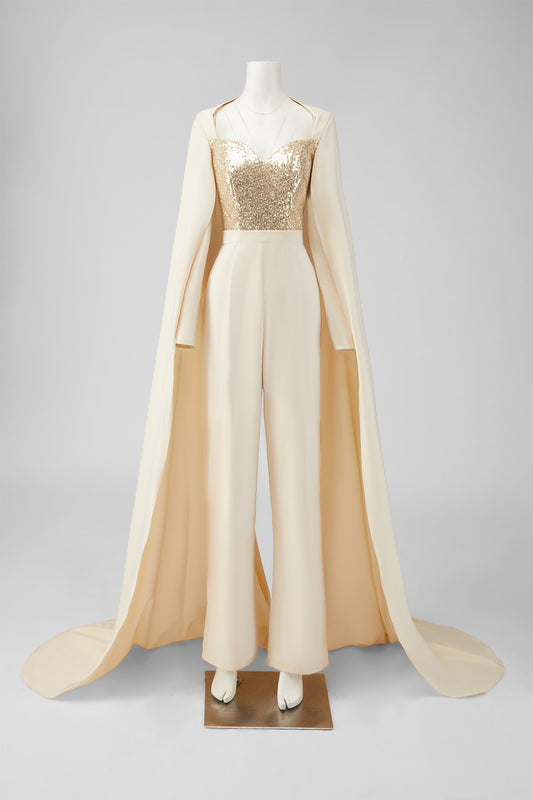 Champagne Sequin Sparkly Long Sleeves Mother of the Bride Jumpsuits with Pockets