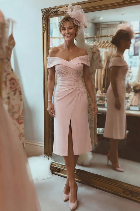 Blush Pink Ruched Off the Shoulder Midi Mother of the Bride Dress with Slit
