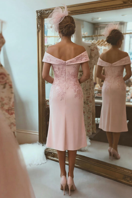 Blush Pink Ruched Off the Shoulder Midi Mother of the Bride Dress with Slit
