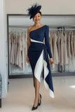 White Navy One Shoulder Satin Midi Mother of the Bride Dress with Side Cape White Navy One Shoulder Satin Midi Mother of the Bride Dress with Side Cape