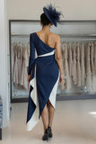 White Navy One Shoulder Satin Midi Mother of the Bride Dress with Side Cape White Navy One Shoulder Satin Midi Mother of the Bride Dress with Side Cape