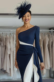 White Navy One Shoulder Satin Midi Mother of the Bride Dress with Side Cape White Navy One Shoulder Satin Midi Mother of the Bride Dress with Side Cape