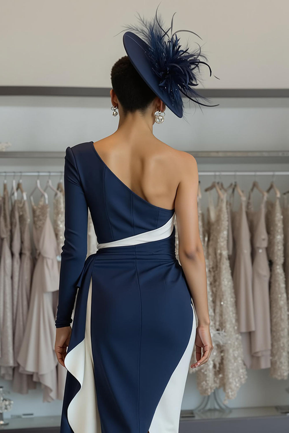 White Navy One Shoulder Satin Midi Mother of the Bride Dress with Side Cape White Navy One Shoulder Satin Midi Mother of the Bride Dress with Side Cape