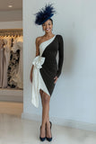 Black and White Ruched One Shoulder Midi Mother of the Bride Dress with Bow Black and White Ruched One Shoulder Midi Mother of the Bride Dress with Bow