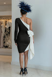 Black and White Ruched One Shoulder Midi Mother of the Bride Dress with Bow Black and White Ruched One Shoulder Midi Mother of the Bride Dress with Bow