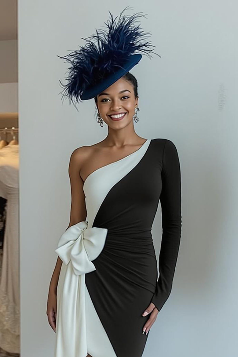 Black and White Ruched One Shoulder Midi Mother of the Bride Dress with Bow Black and White Ruched One Shoulder Midi Mother of the Bride Dress with Bow