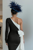 Black and White Ruched One Shoulder Midi Mother of the Bride Dress with Bow Black and White Ruched One Shoulder Midi Mother of the Bride Dress with Bow