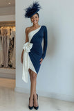 Black and White Ruched One Shoulder Midi Mother of the Bride Dress with Bow Black and White Ruched One Shoulder Midi Mother of the Bride Dress with Bow