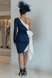 Black and White Ruched One Shoulder Midi Mother of the Bride Dress with Bow Black and White Ruched One Shoulder Midi Mother of the Bride Dress with Bow