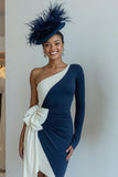 Black and White Ruched One Shoulder Midi Mother of the Bride Dress with Bow Black and White Ruched One Shoulder Midi Mother of the Bride Dress with Bow