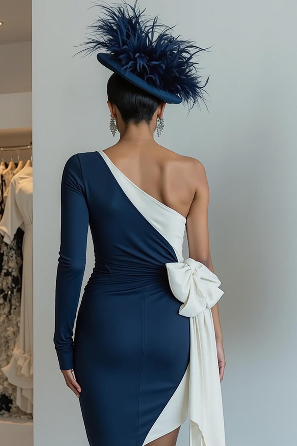 Black and White Ruched One Shoulder Midi Mother of the Bride Dress with Bow Black and White Ruched One Shoulder Midi Mother of the Bride Dress with Bow