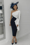 Black and White One Shoulder Sheath Midi Mother of the Bride Dress with Ruffles Black and White One Shoulder Sheath Midi Mother of the Bride Dress with Ruffles