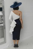 Black and White One Shoulder Sheath Midi Mother of the Bride Dress with Ruffles Black and White One Shoulder Sheath Midi Mother of the Bride Dress with Ruffles