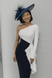 Black and White One Shoulder Sheath Midi Mother of the Bride Dress with Ruffles Black and White One Shoulder Sheath Midi Mother of the Bride Dress with Ruffles