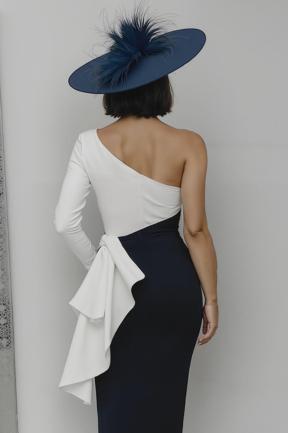 Black and White One Shoulder Sheath Midi Mother of the Bride Dress with Ruffles Black and White One Shoulder Sheath Midi Mother of the Bride Dress with Ruffles