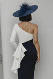 Black and White One Shoulder Sheath Midi Mother of the Bride Dress with Ruffles Black and White One Shoulder Sheath Midi Mother of the Bride Dress with Ruffles