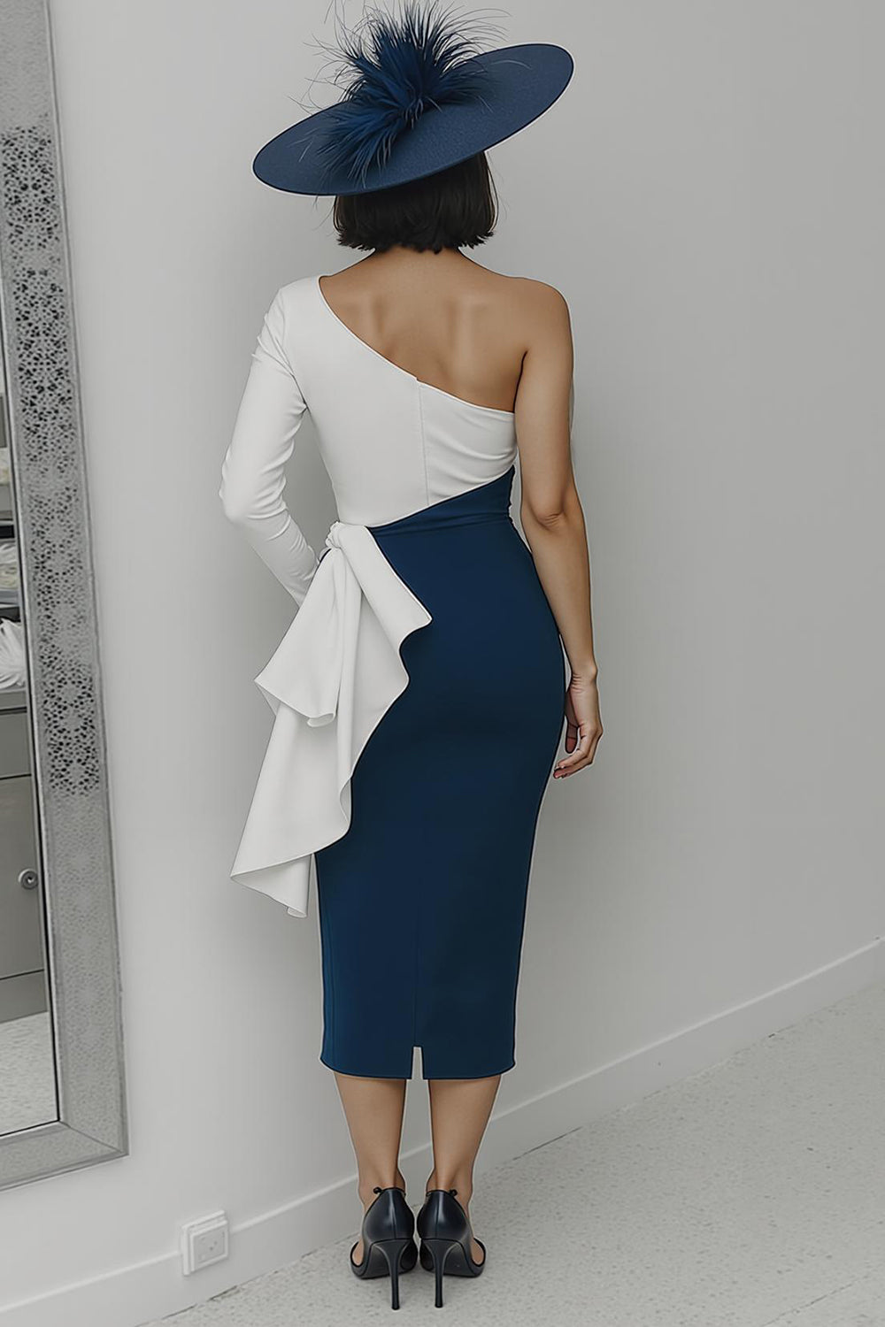 Black and White One Shoulder Sheath Midi Mother of the Bride Dress with Ruffles Black and White One Shoulder Sheath Midi Mother of the Bride Dress with Ruffles