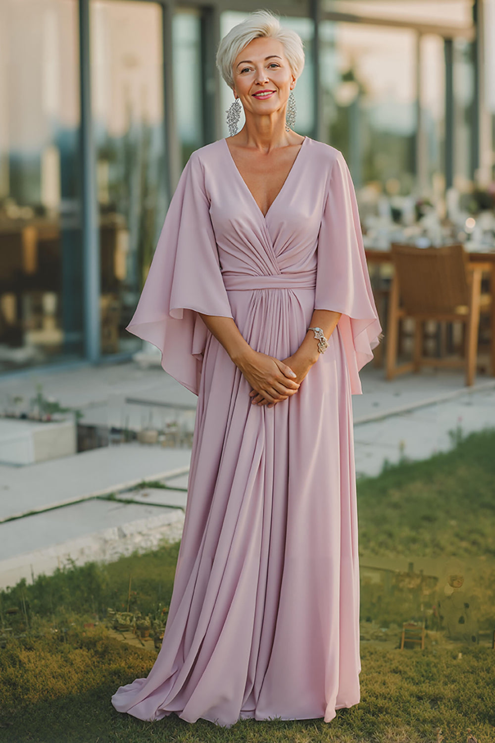Zapaka Women Dusty Rose Chiffon Long Mother of The Bride Dress A Line V-Neck Ruched Wedding Guest Dress with Half Sleeves, Dusty Rose / US18W Zapaka Women Dusty Rose Chiffon Long Mother of The Bride Dress A Line V-Neck Ruched Wedding Guest Dress with Half Sleeves, Dusty Rose / US18W