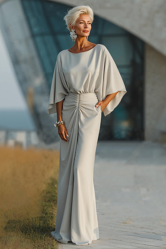 Silver Sheath Boat Neck Ruched Long Mother of the Bride Dress with Pocket