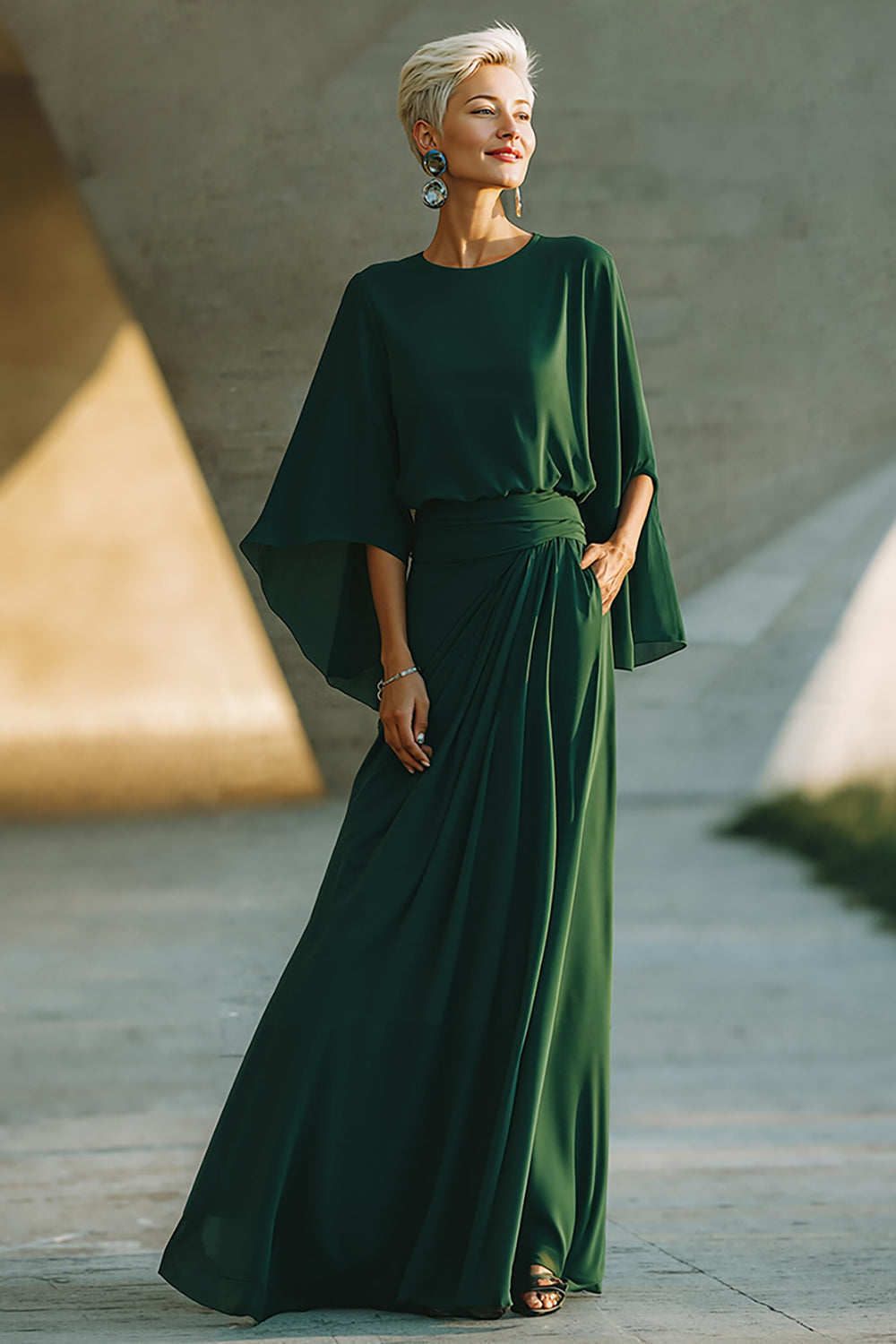 Zapakasa Women Dark Green Chiffon Flowy Long Mother of the Bride Dress Sheath Round Neck Wedding Guest Dress with Pocket Zapakasa Women Dark Green Chiffon Flowy Long Mother of the Bride Dress Sheath Round Neck Wedding Guest Dress with Pocket