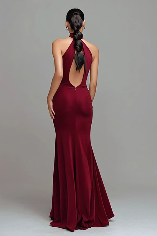 Burgundy High Neck Mermaid Long Formal Dress