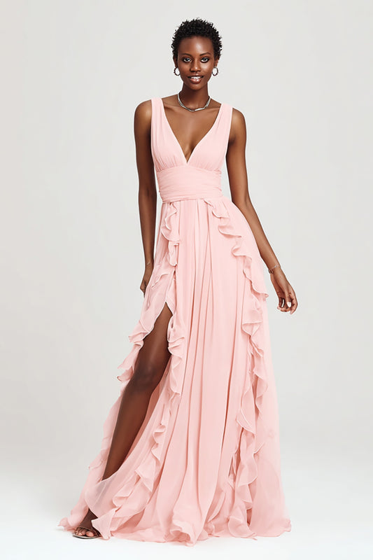 Pink V-Neck A-Line Chiffon Long Formal Dress with Ruffles
