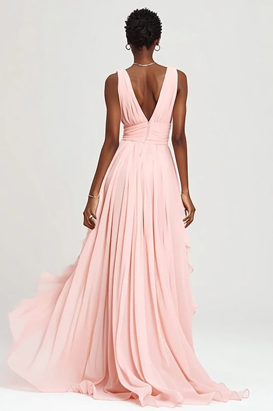 Pink V-Neck A-Line Chiffon Long Formal Dress with Ruffles