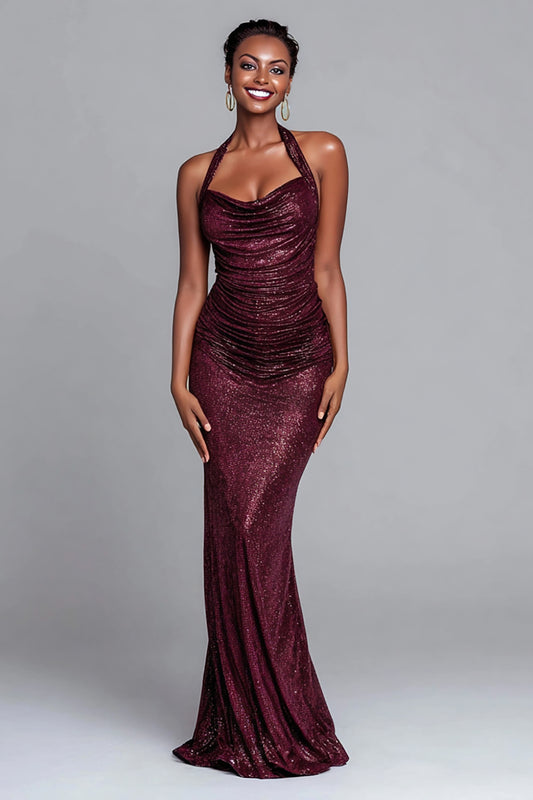 Sparkly Burgundy Halter Sequin Mermaid Long Holiday Party Dress