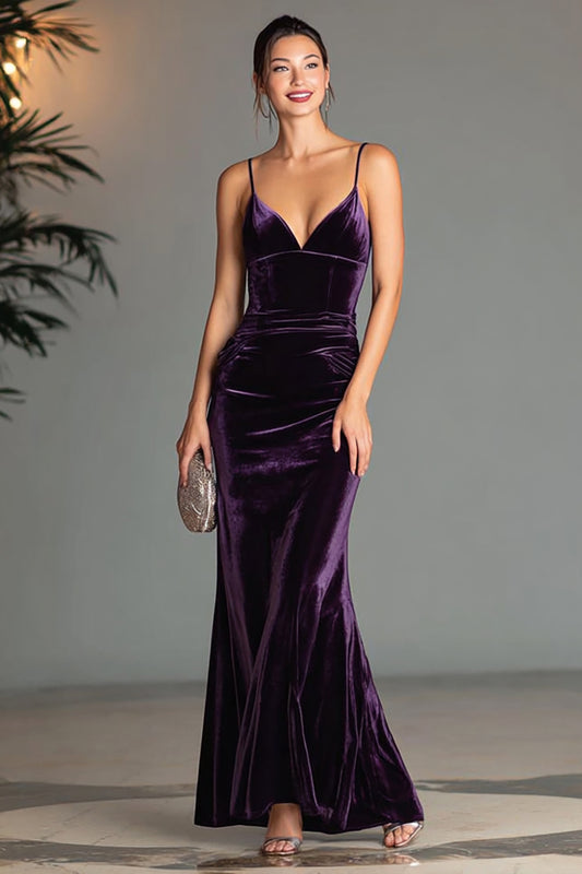Purple Spaghetti Straps Velvet Mermaid Long Holiday Party Dress