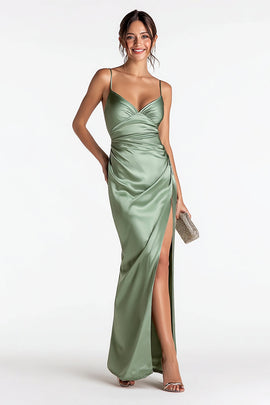 Sage Green Spaghetti Straps Satin Mermaid Long Formal Dress with Slit