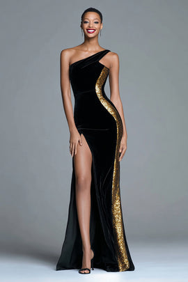Sparkly Black One Shoulder Velvet Mermaid Long Holiday Party Dress with Sequins