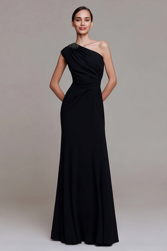 Sparkly Black One Shoulder Ruched Sheath Long Formal Dress with Beading