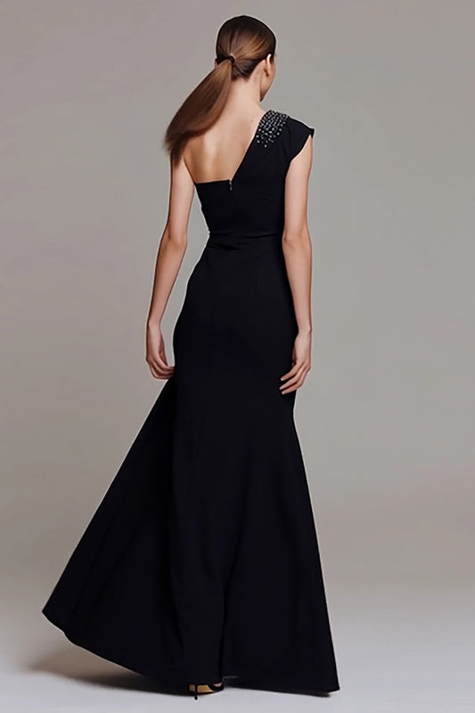 Sparkly Black One Shoulder Ruched Sheath Long Formal Dress with Beading