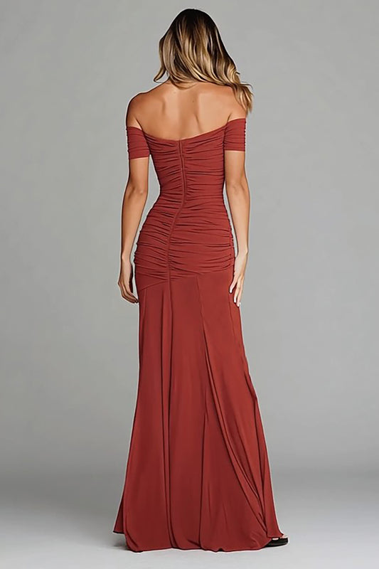 Terracotta Off the Shoulder Mermaid Ruched Long Formal Dress