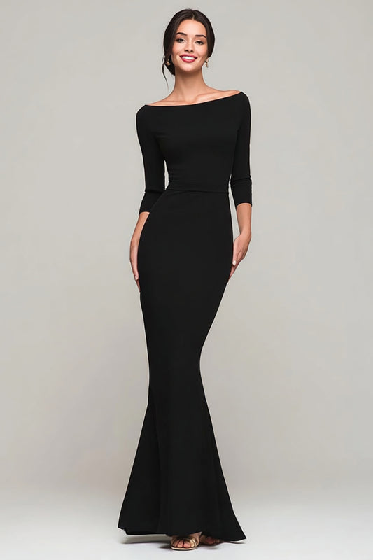 Black Boat Neck Mermaid Long Formal Dress with Sleeves