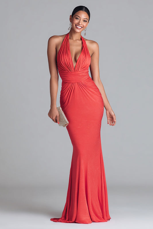 Watermelon Red Halter Ruched Mermaid Long Formal Dress