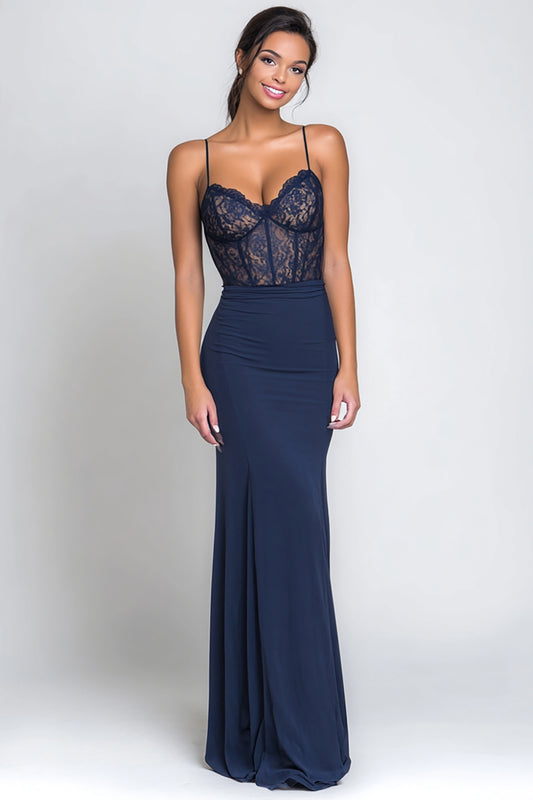 Navy Spaghetti Straps Mermaid Long Corset Formal Dress with Lace