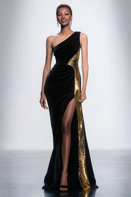 Black Velvet One Shoulder Mermaid Long Holiday Party Dress with Sequins