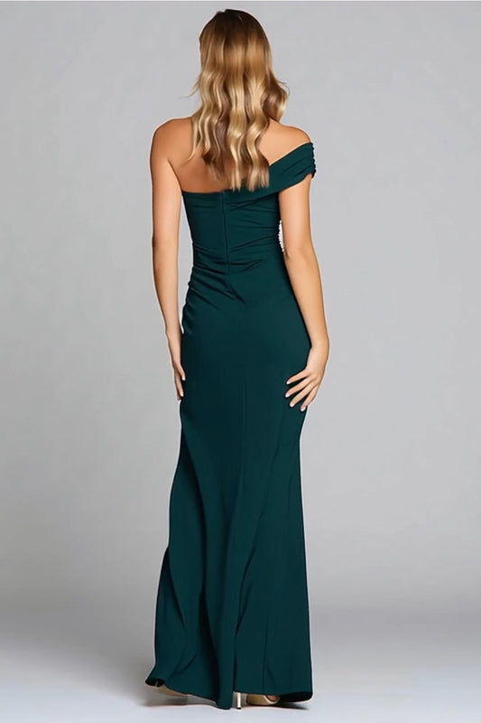 Dark Green One Shoulder Mermaid Long Formal Dress with Slit