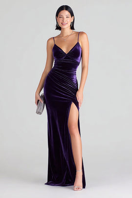 Purple Mermaid Spaghetti Straps Velvet Long Holiday Party Dress with Slit