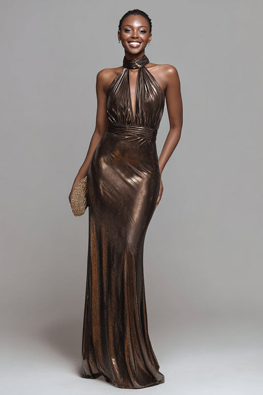 Sparkly Brown High Neck Metallic Mermaid Long Formal Dress
